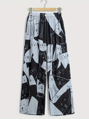  Colorblock Cat Print Wide Leg Pants