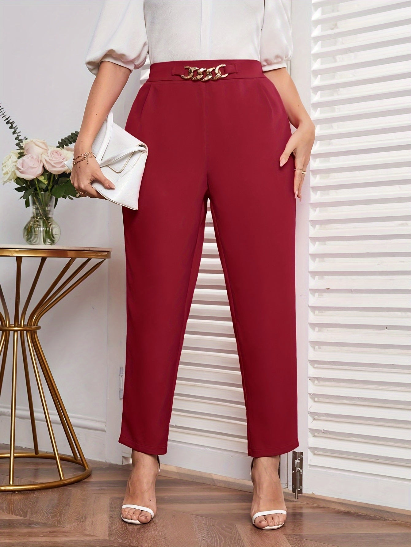  Chain Decor High Rise Tapered Leg Trousers