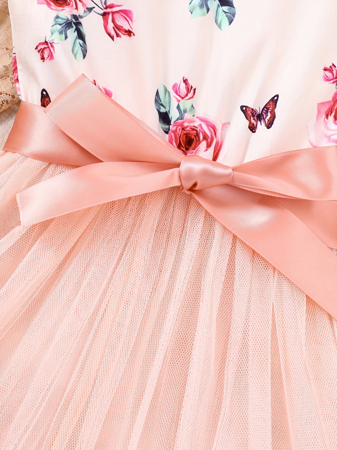 Girls Flower Sleeveless Ruffled Mesh Princess Dress With Belt