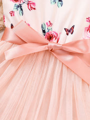 Girls Flower Sleeveless Ruffled Mesh Princess Dress With Belt