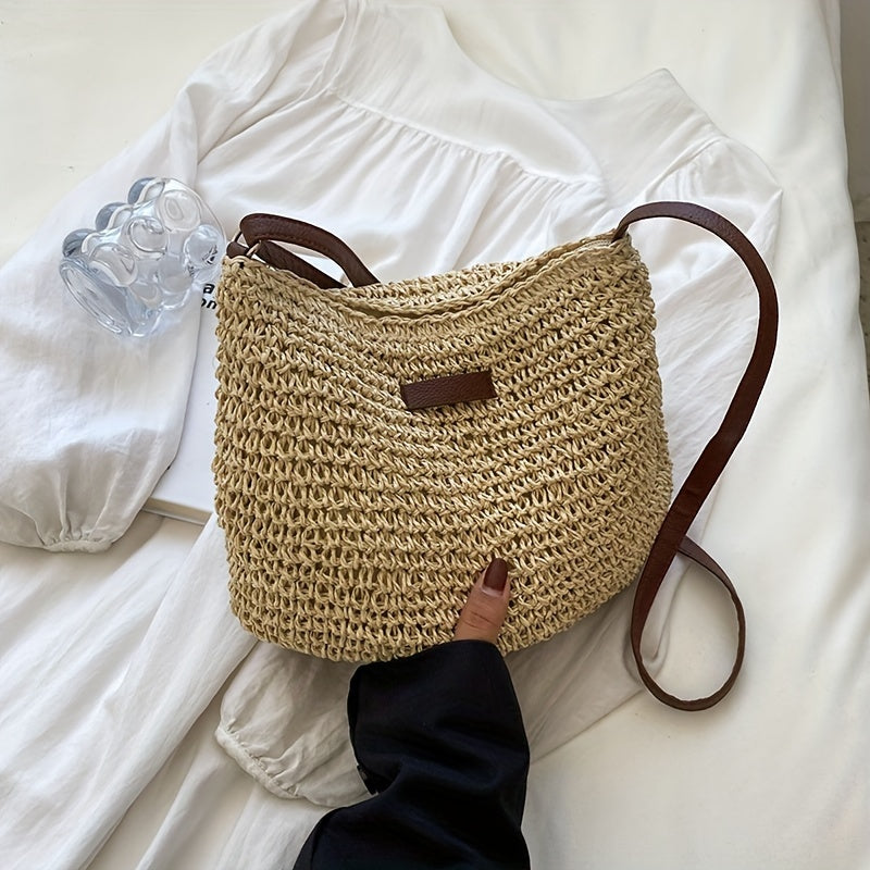 Women's Rattan Crossbody Bag Saddle Straw Woven Shoulder Handbag