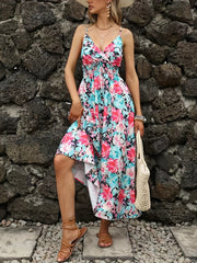 Floral Print Shirred Waist Cami Dress Boho V neck Backless Spaghetti Dress
