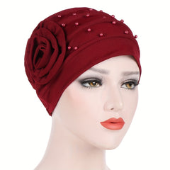 Beaded Turban Cap Solid Pleated Head Wraps Classic Elastic Hijab