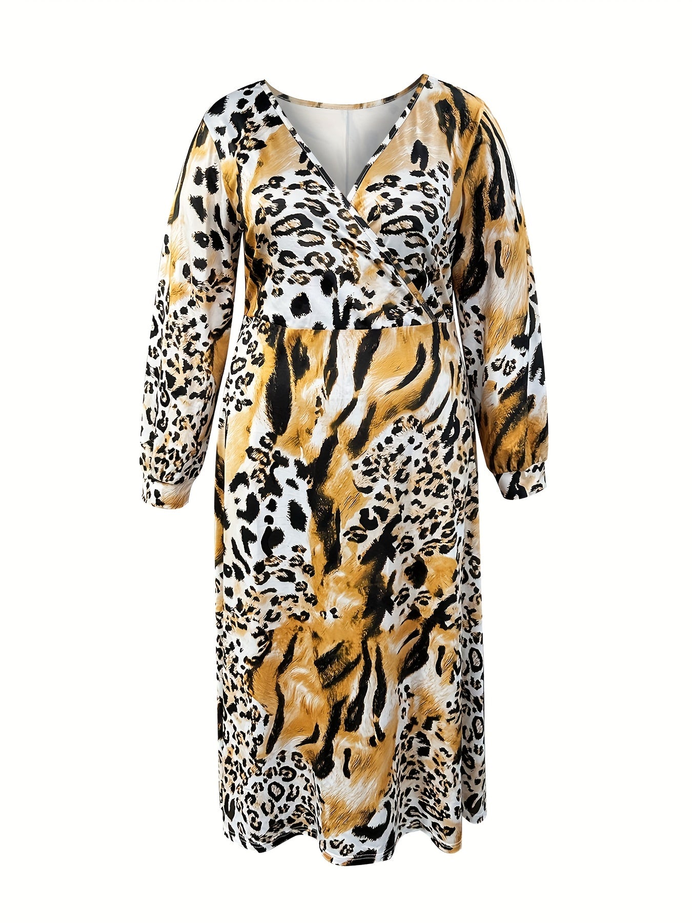  Colorblock Leopard Print Long Sleeve Maxi Dress