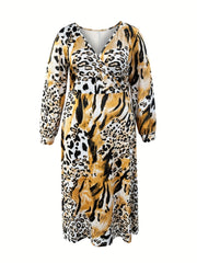  Colorblock Leopard Print Long Sleeve Maxi Dress