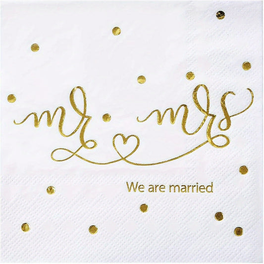 20pcs Mr & Mrs Wedding Cocktail Napkins Golden Foil - Wedding Shower Party Decor