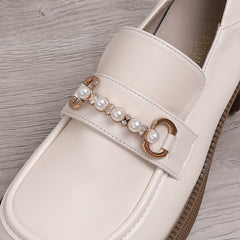 Women's Faux Pearl Loafers Retro Round Toe Solid Shoes Platform Oxford