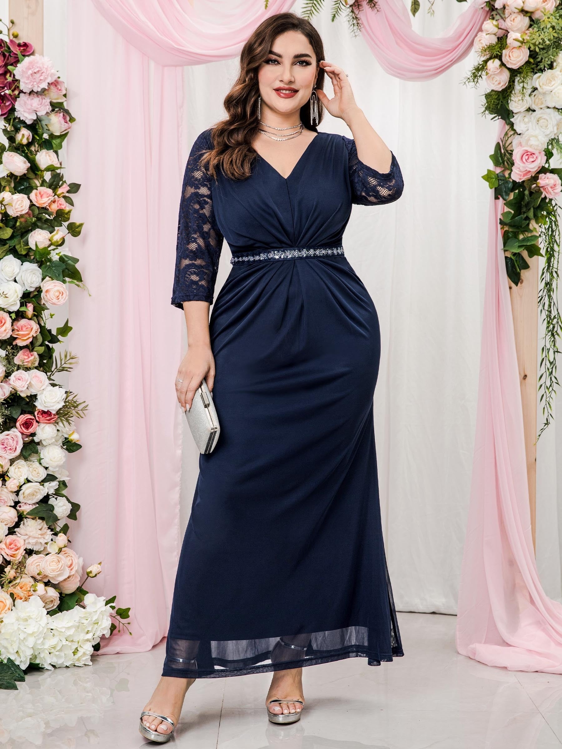  Colorblock Sequin Lace Bridesmaid Maxi Dress