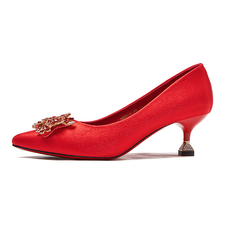 Floral Rhinestone Wedding Pumps Red Pointed Toe Mid Heels