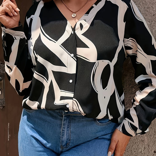  Casual Blouse Women's Plus Random Print Button Up