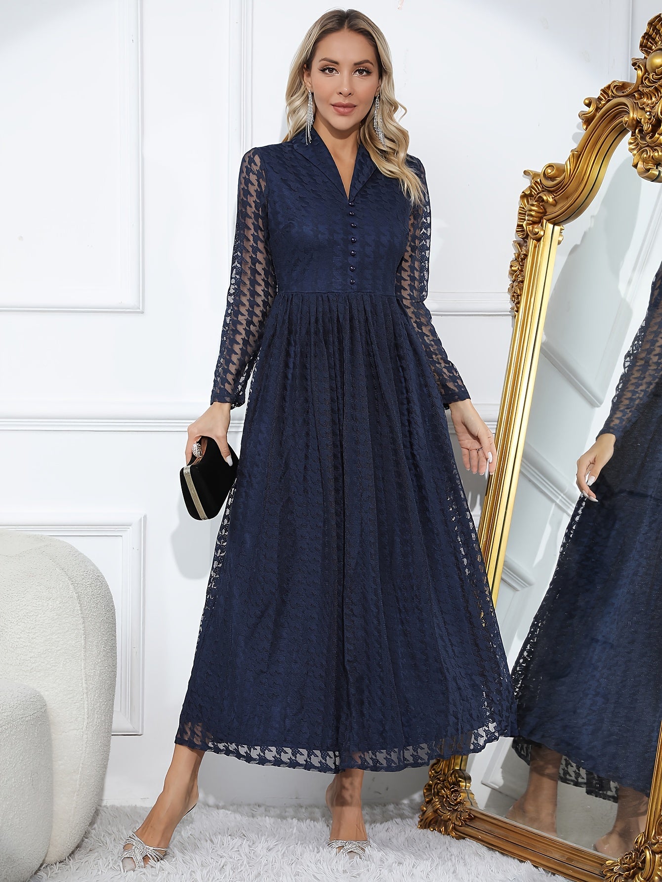  Solid Lace Houndstooth Dress Long Sleeve Lapel Collar Button Decor