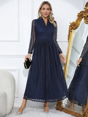  Solid Lace Houndstooth Dress Long Sleeve Lapel Collar Button Decor