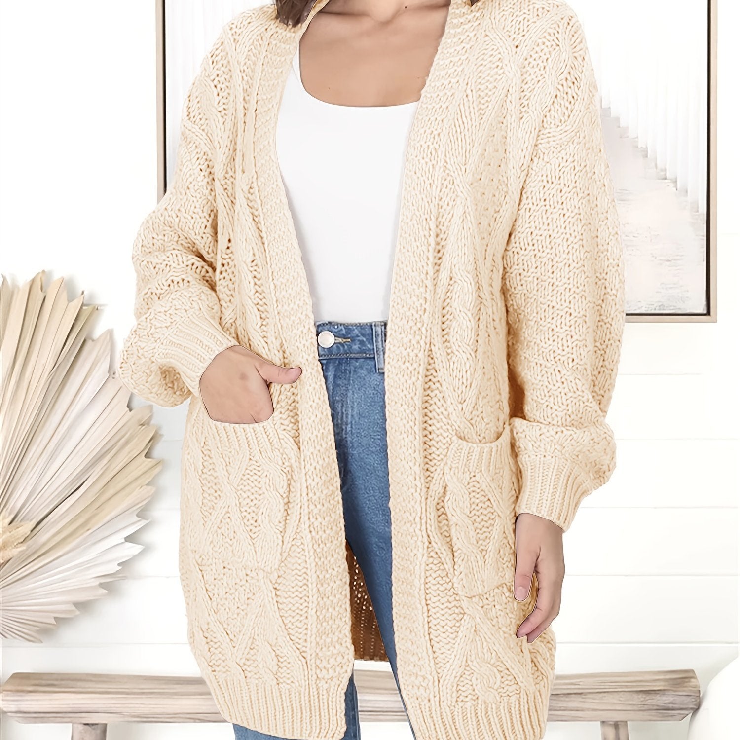  Cable Knit Long Sleeve Open Front Sweater Cardigan