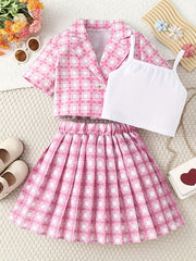Girls Plaid Print Button Blouse & Pleated Skirt 2 Piece Set