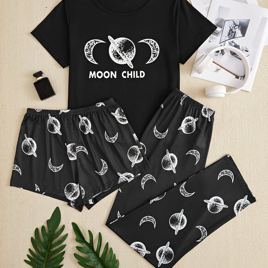 Moon Print Pajama Set Short Sleeve Crew Neck Top & Shorts Women's Sleepwear