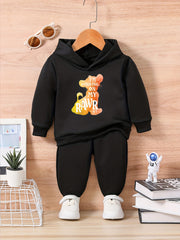 Baby Lion Letter Print Casual Outfit Long Sleeve Hoodie Trousers Set