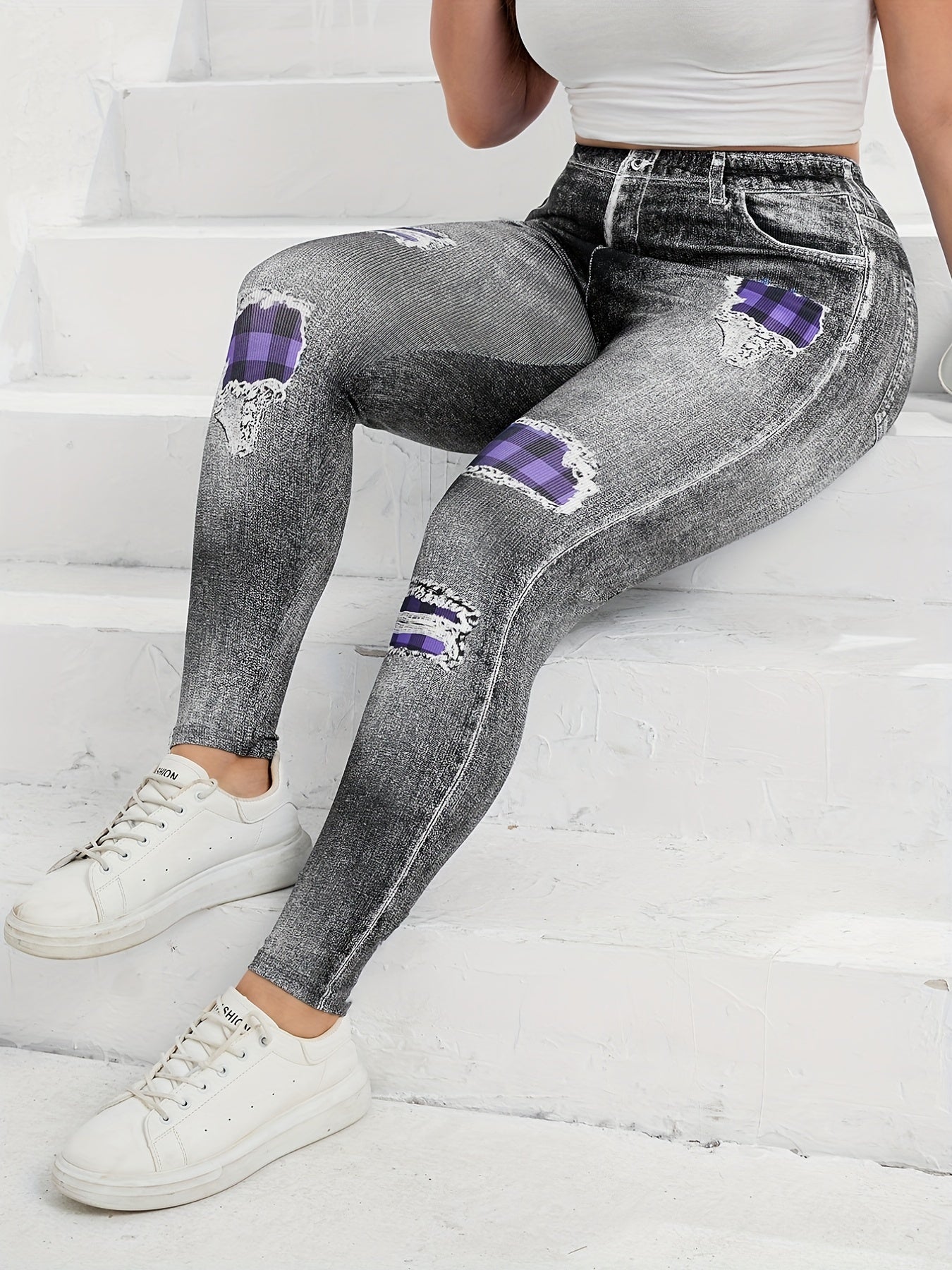  Denim Print Ripped High Waist Leggings Women's Casual