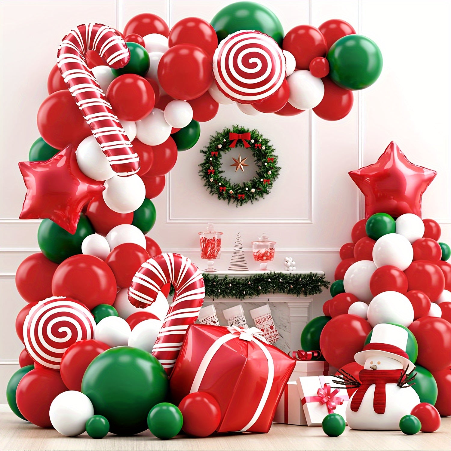 123pcs Red & Green Candy Cane Xmas Balloon Set w/ Accessories for Home Decor