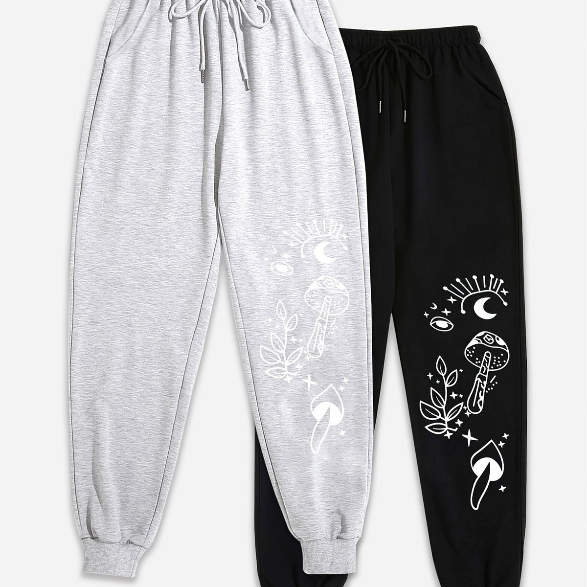  Sports Pants Set Women's Graphic Print Elastic Drawstring Jogger Sweat