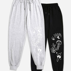  Sports Pants Set Women's Graphic Print Elastic Drawstring Jogger Sweat