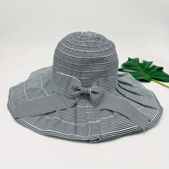 Striped Bucket Hat Wide Brim Bowknot Decor UV Protection Travel Beach Hat