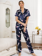 Pony Print Pajama Set Short Sleeve Button Up Top & Elastic Waistband Pants