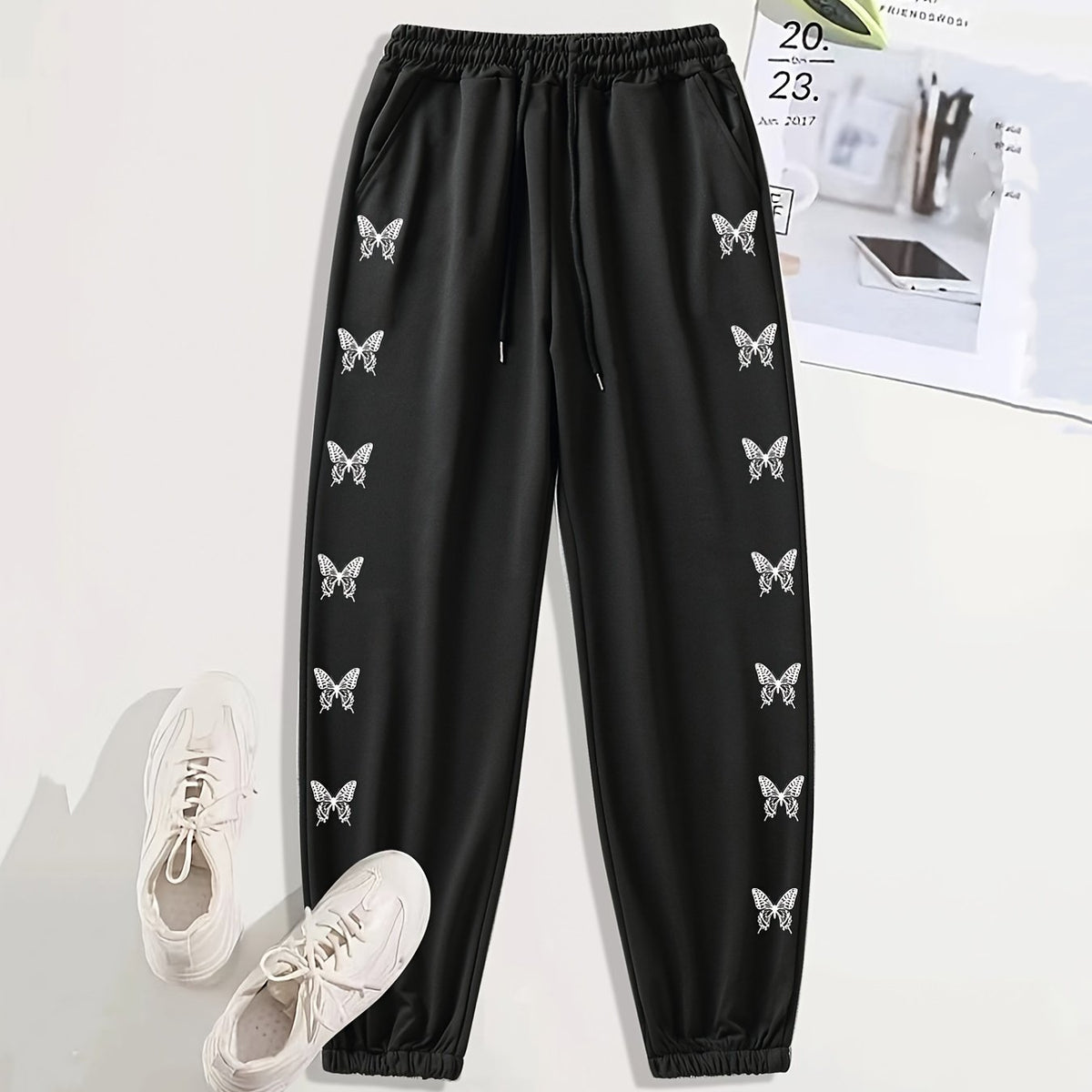 Monogram Butterfly Print Casual Sports Pants with Drawstring