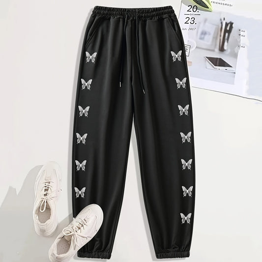Monogram Butterfly Print Casual Sports Pants with Drawstring
