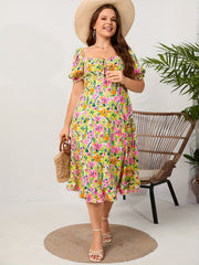  Ditsy Floral Print Ruffle Trim Puff Sleeve Maxi Dress