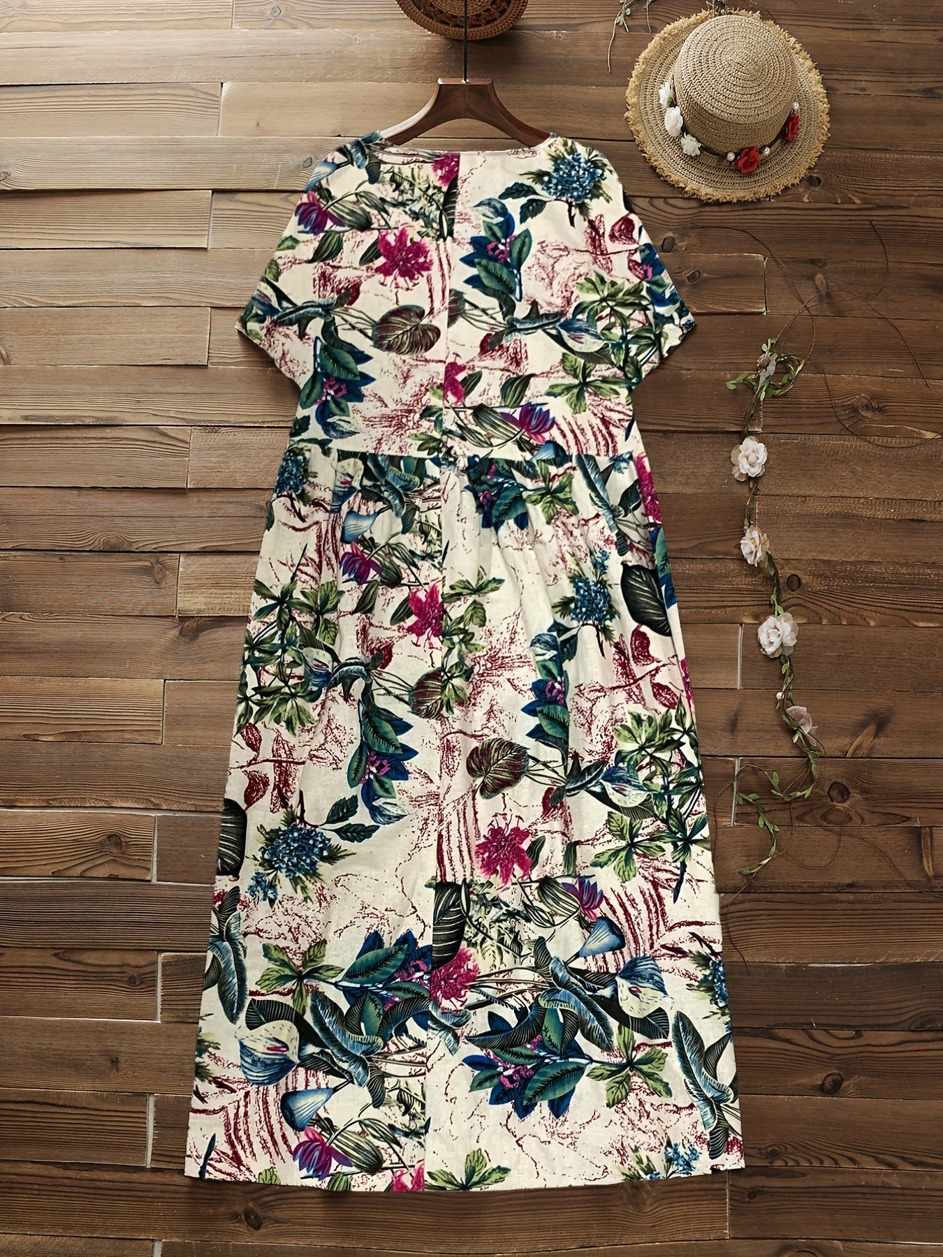 Floral Print V Neck Loose Fit Plus Size Dress