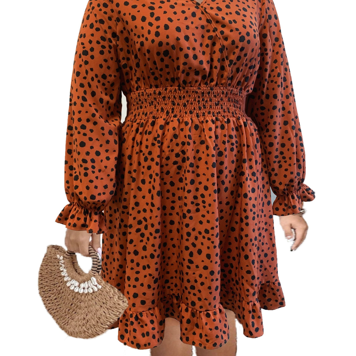 Women's Plus Leopard Print Lantern Sleeve Surplice Neck Ruffle Trim Dress