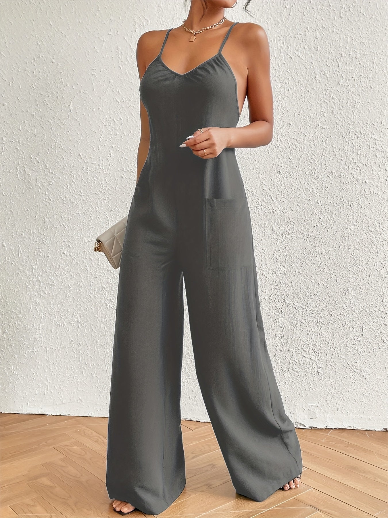 Wide Leg Spaghetti Strap Jumpsuit Casual Solid Sleeveless Jumpsuit With Pocket