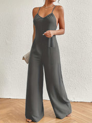 Wide Leg Spaghetti Strap Jumpsuit Casual Solid Sleeveless Jumpsuit With Pocket