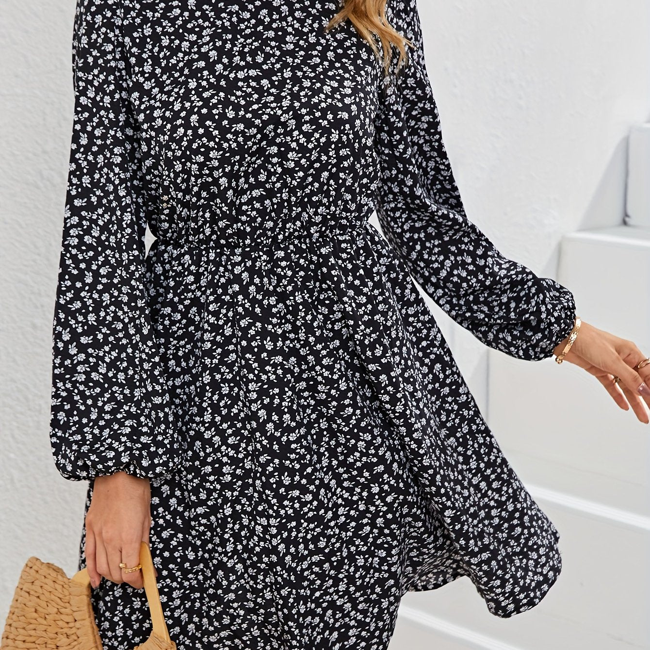 Floral Print Mock Neck Dress Elastic Waist Long Sleeve Mini Dress