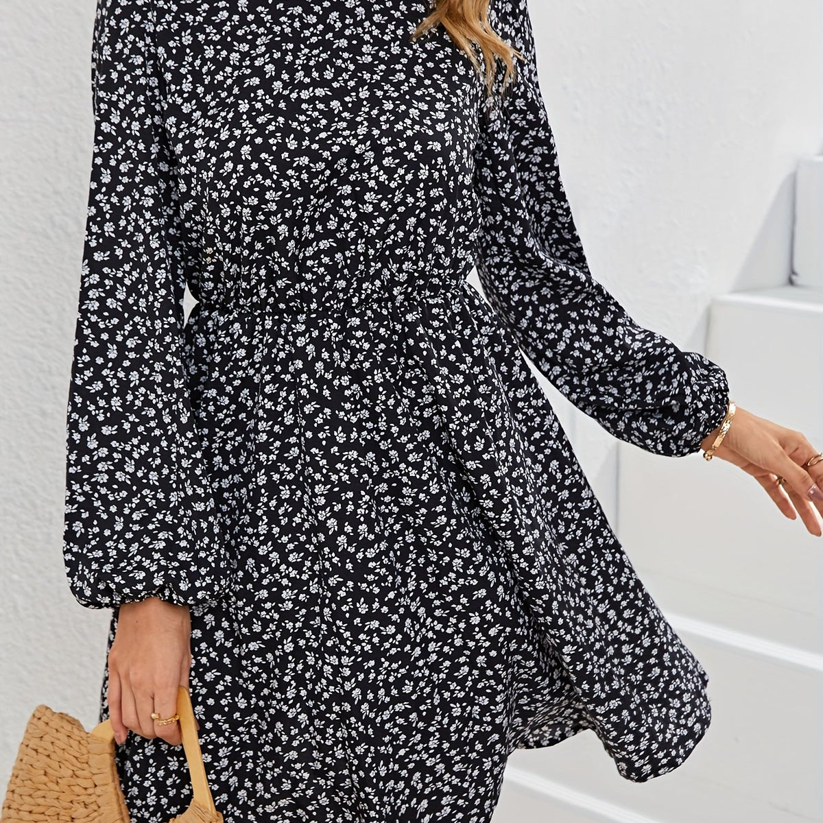 Floral Print Mock Neck Dress Elastic Waist Long Sleeve Mini Dress