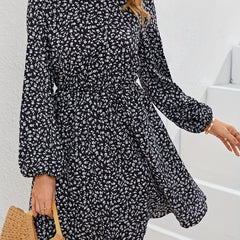 Floral Print Mock Neck Dress Elastic Waist Long Sleeve Mini Dress