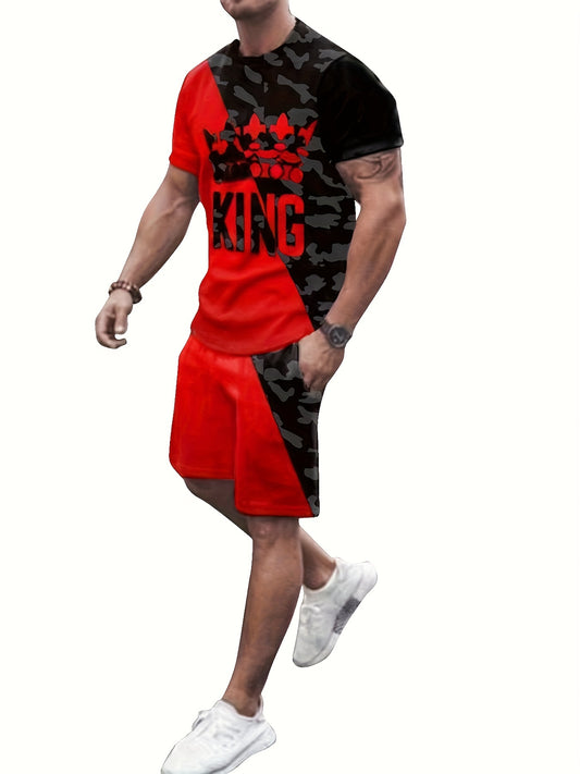 "KING" Crown Print Mens 2 Piece Block Outfits T-shirt and Shorts Set