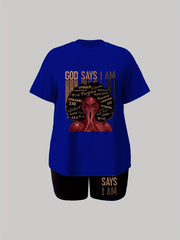 Plus Size Casual Two Piece Set: Figure & Letter Print Tee & Shorts