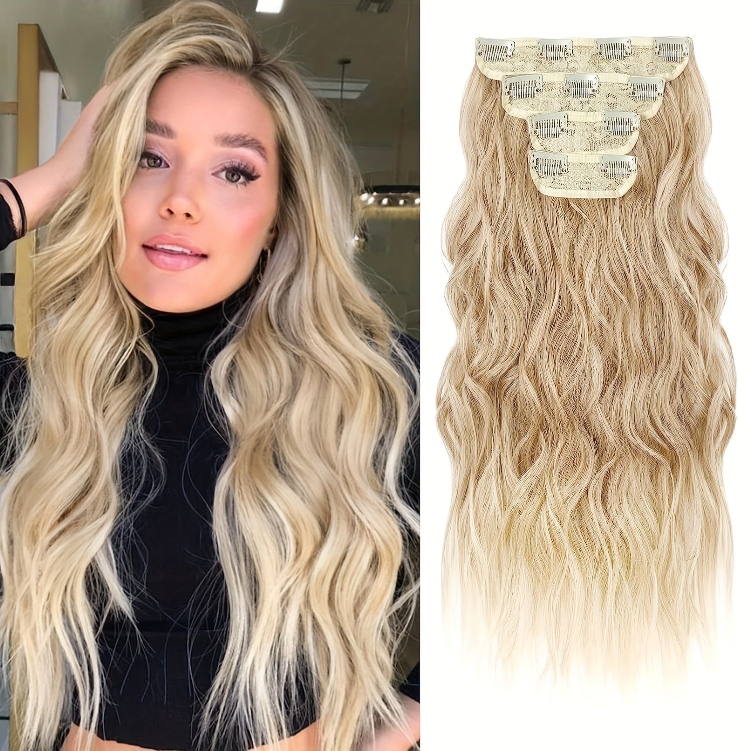 4pcs Dark Blonde Light Blonde Ends Clip In Hair Extensions Soft Synthetic