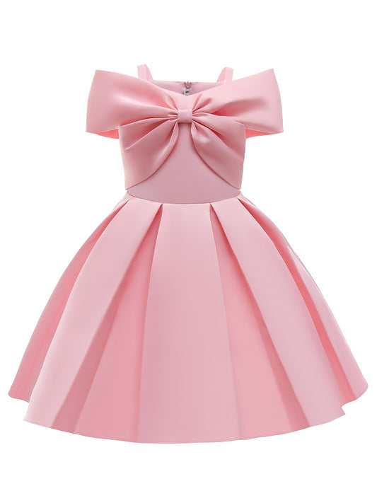 Girls Cold Shoulder Princess Pink Big Bow Decor Performance Dress