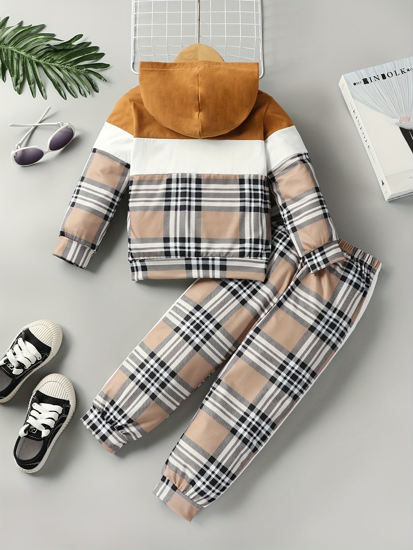 Boys Plaid Hoodie & Pants Set
