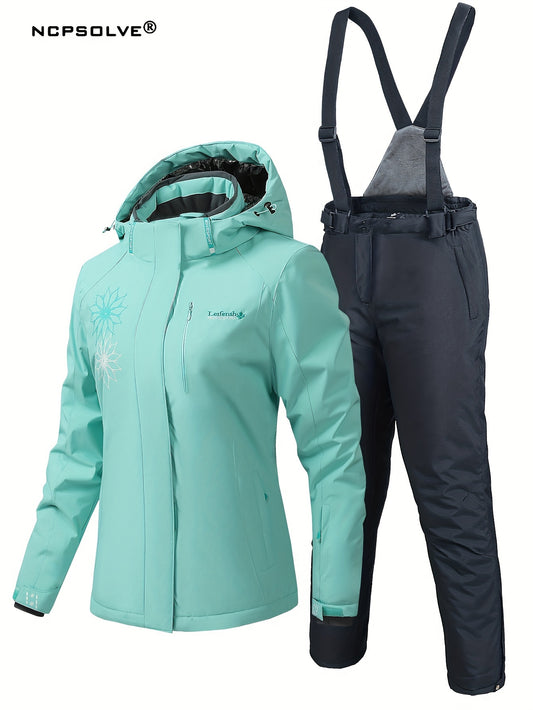Snowflake Print Ski Set Long Sleeve Hooded Jacket & Suspender Trouser