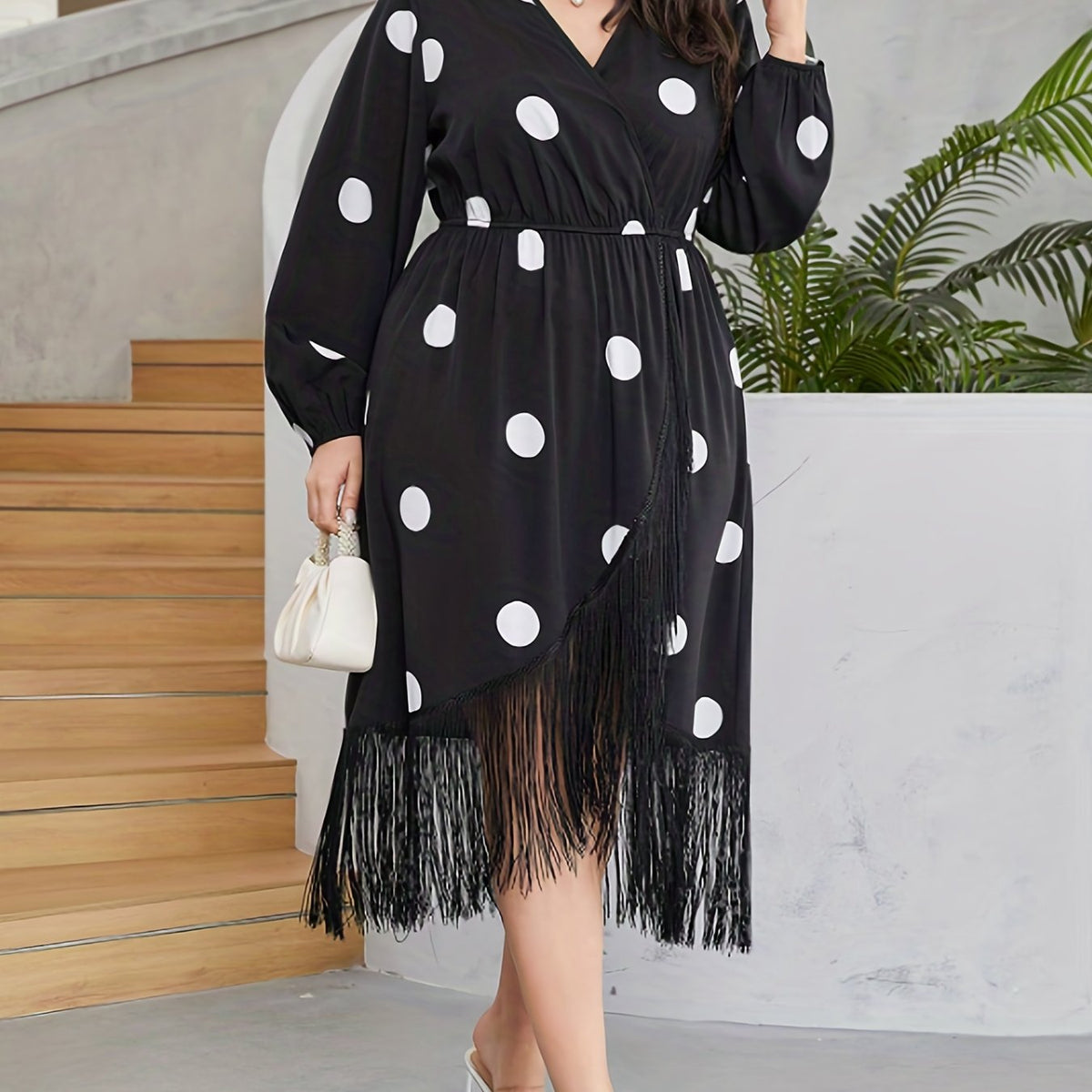  Dot Print Long Sleeve Wrap Dress