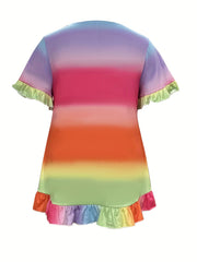  Colorblock Rainbow Print Ruffle Trim Short Sleeve Dress