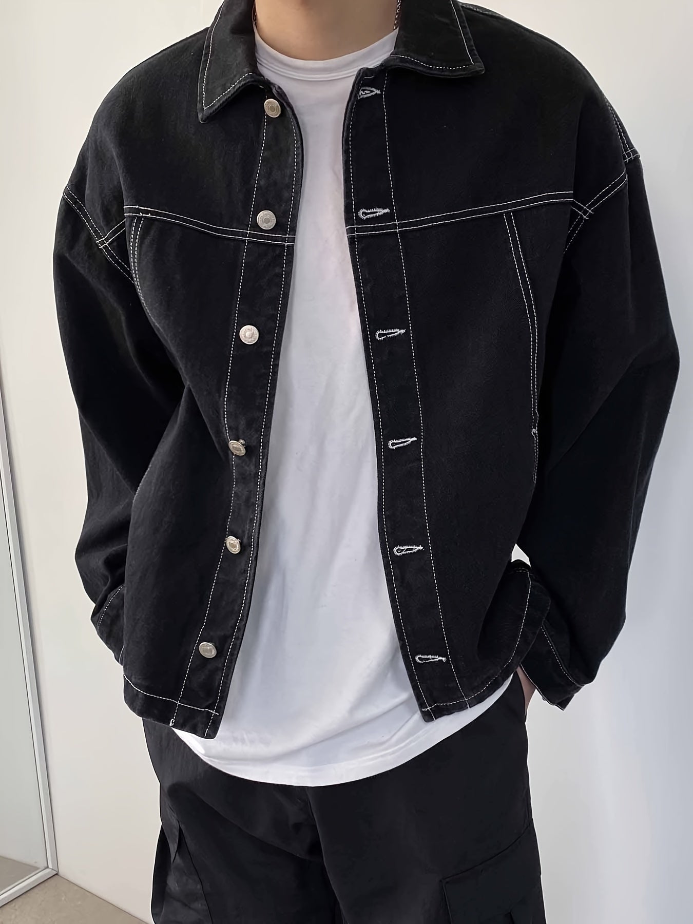 Contrast Stitch Denim Jacket Men's Street Style Button Up Denim Jacket