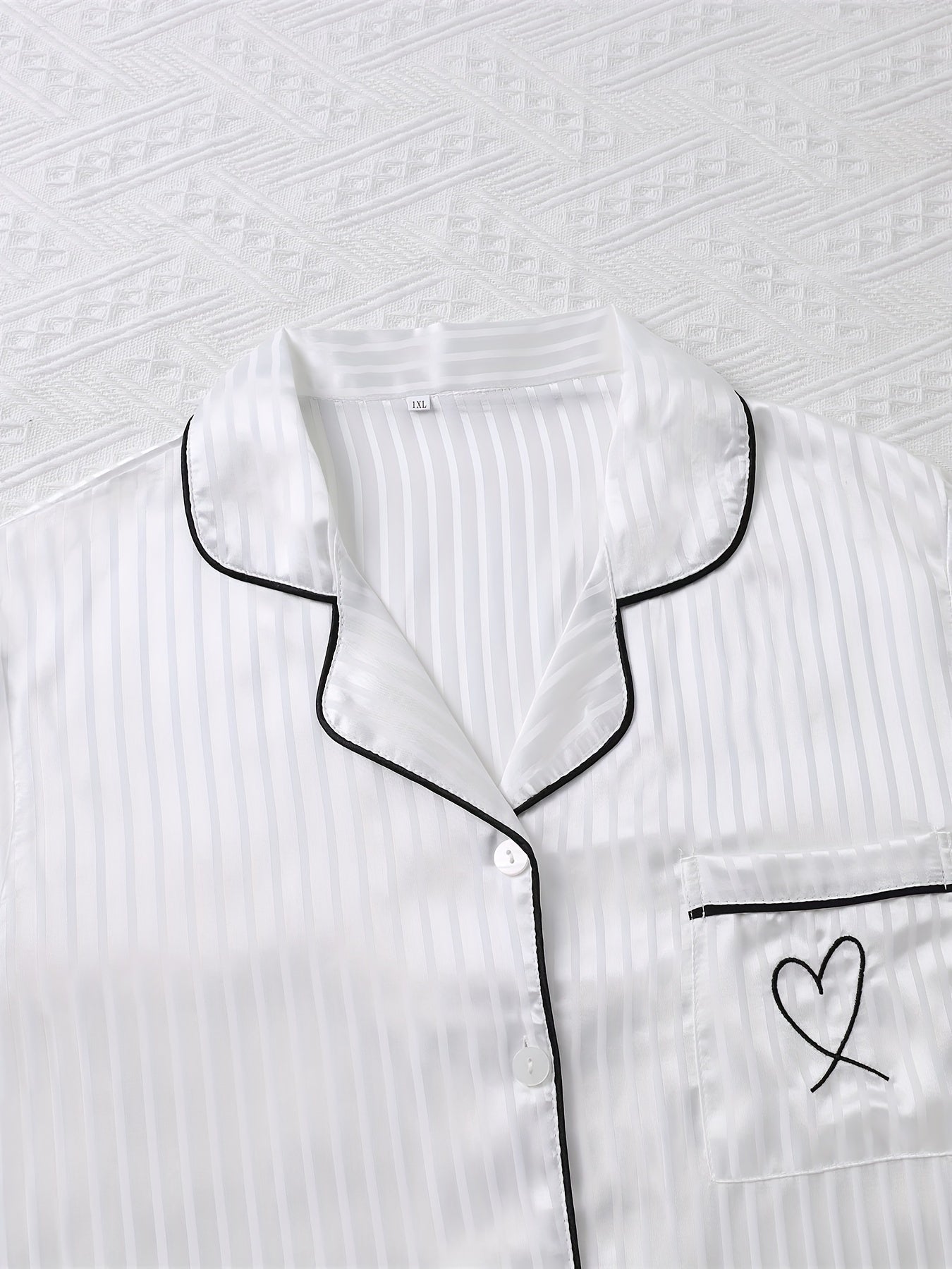  Heart Embroidered Pajama Set - Button Up Shirt & Shorts Loungewear