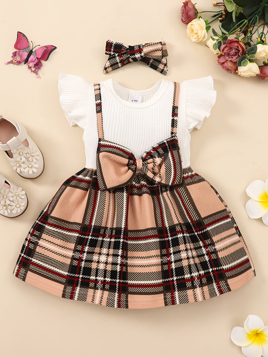 2pcs Baby Girls Splicing Suspender Dress Bow Plaid Dress Set