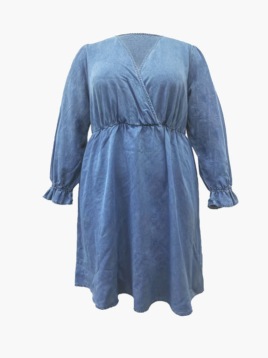  Denim Dress Women's Plus Flounce Sleeve L