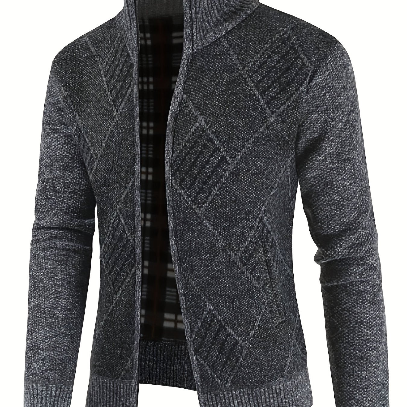 Argyle Texture Warm Plush Cardigan Zip Up Sweater