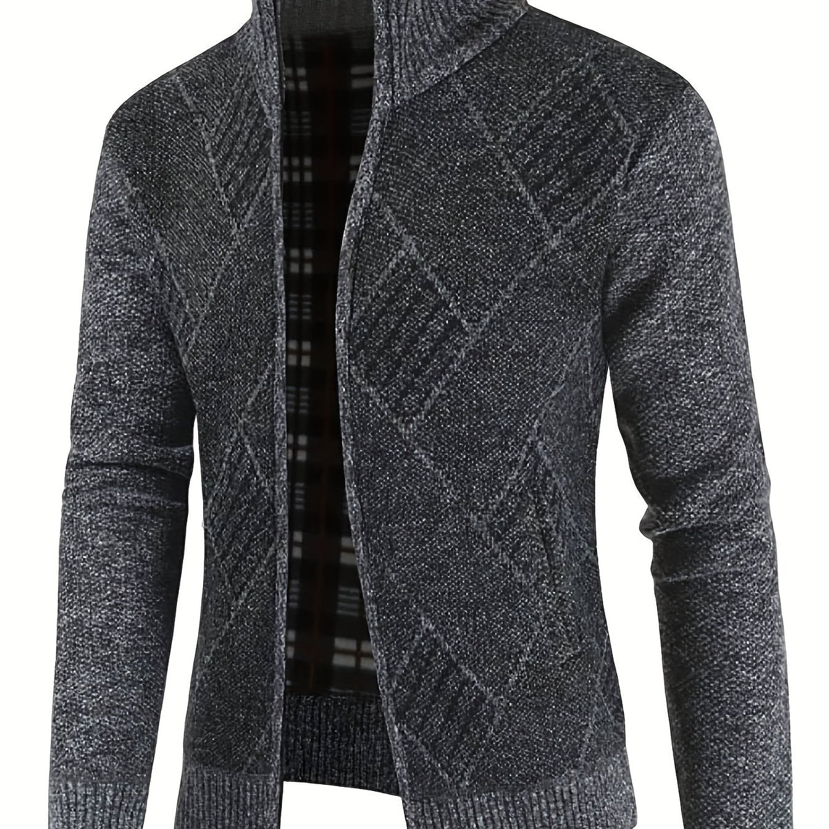 Argyle Texture Warm Plush Cardigan Zip Up Sweater